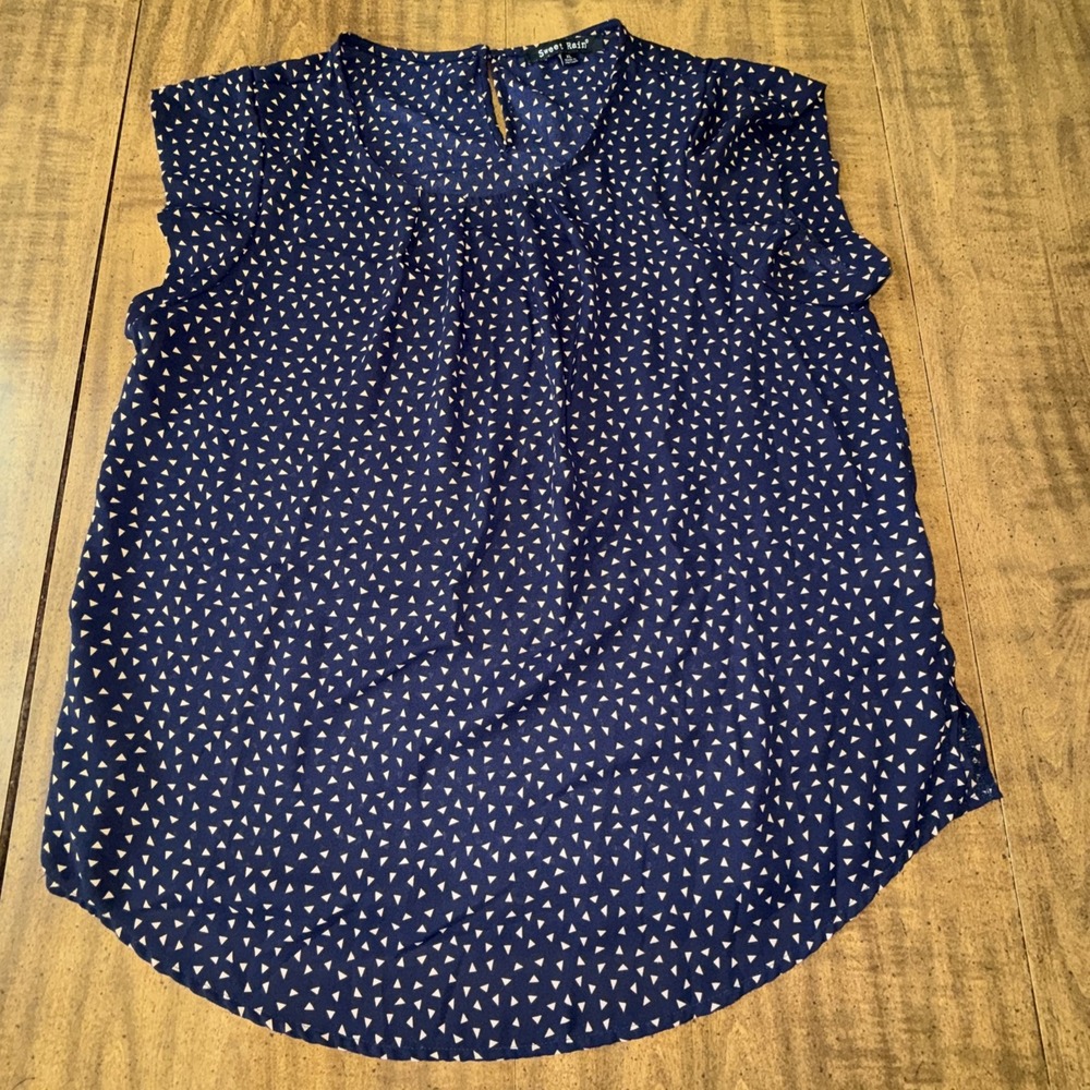 Sweet Rain Top Blouse Womens‎ Navy Blue Geometric Short Sleeve XL
